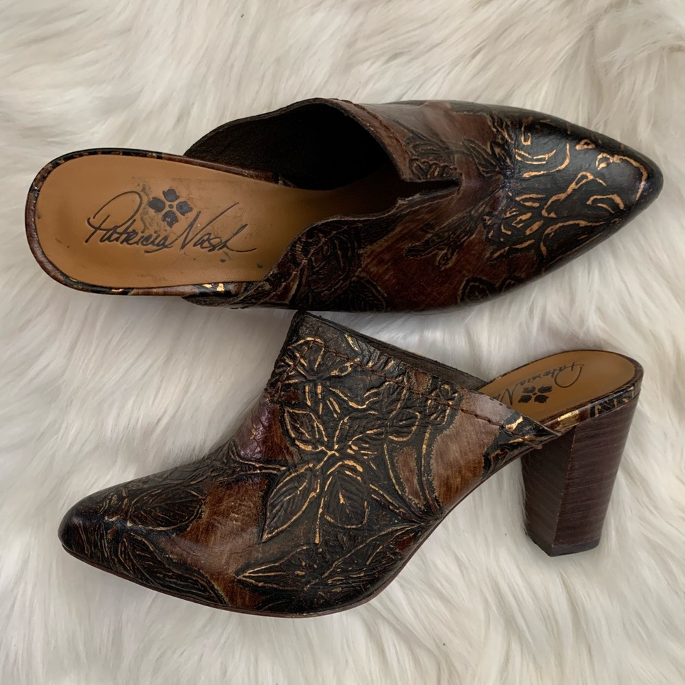 Patricia Nash Brown Western-Inspired Mules with Tooled Leather